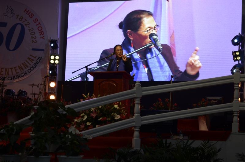 Prof Alongla P Aier and Rev Dr Elijah M Brown speaking during the NBCC Sequicentennial on November 20 in Kohima. (Morung Photo)